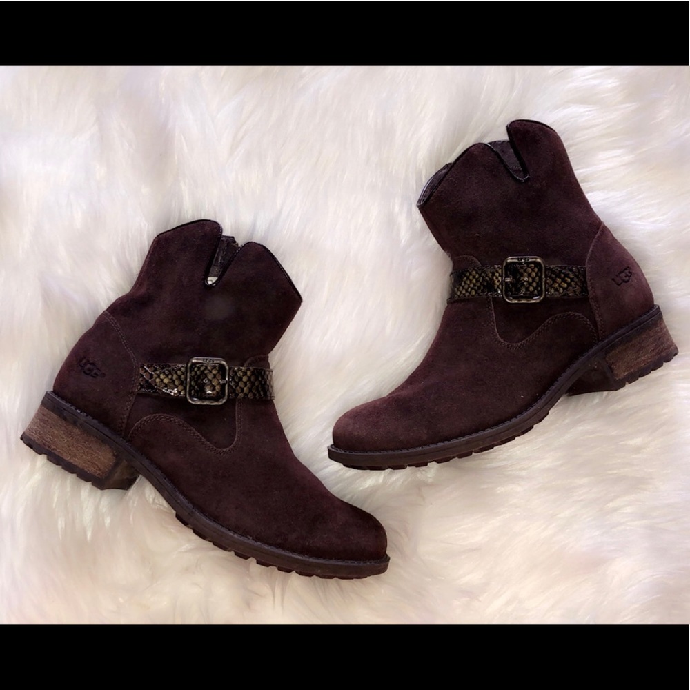 UGG | Brown Suede Snake Print Leather Booties
